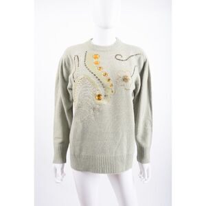 Vintage 80s Anna Womans Sweater Size S Wool Sage Green Beaded embellished